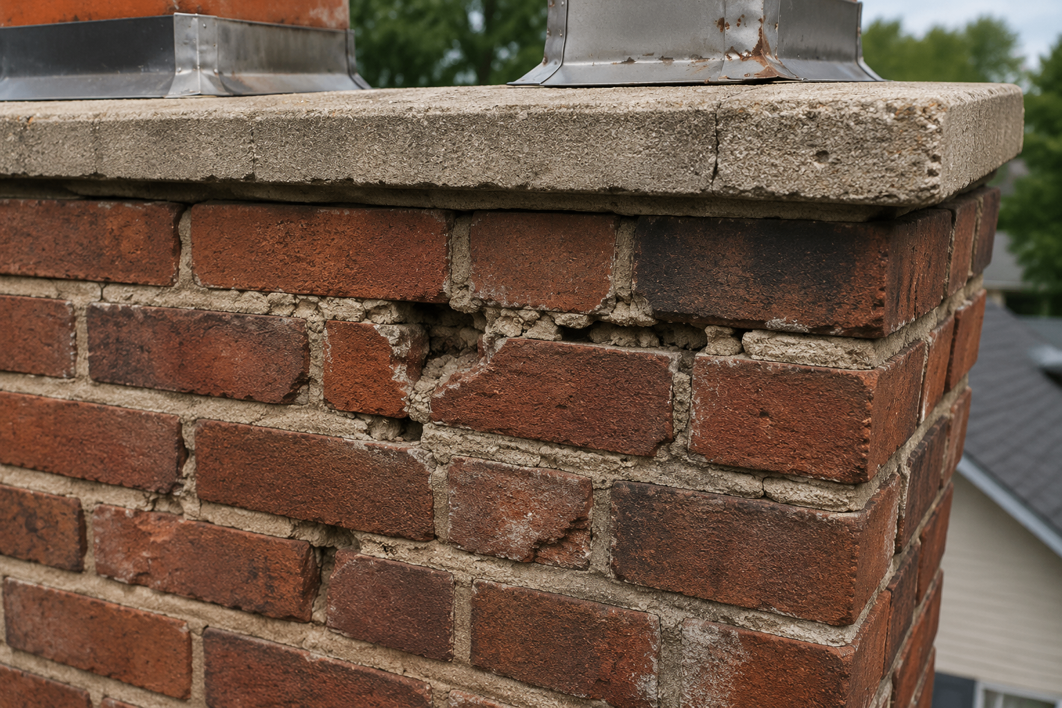 Chimney brick and mortar joints with visible cracking and deterioration
