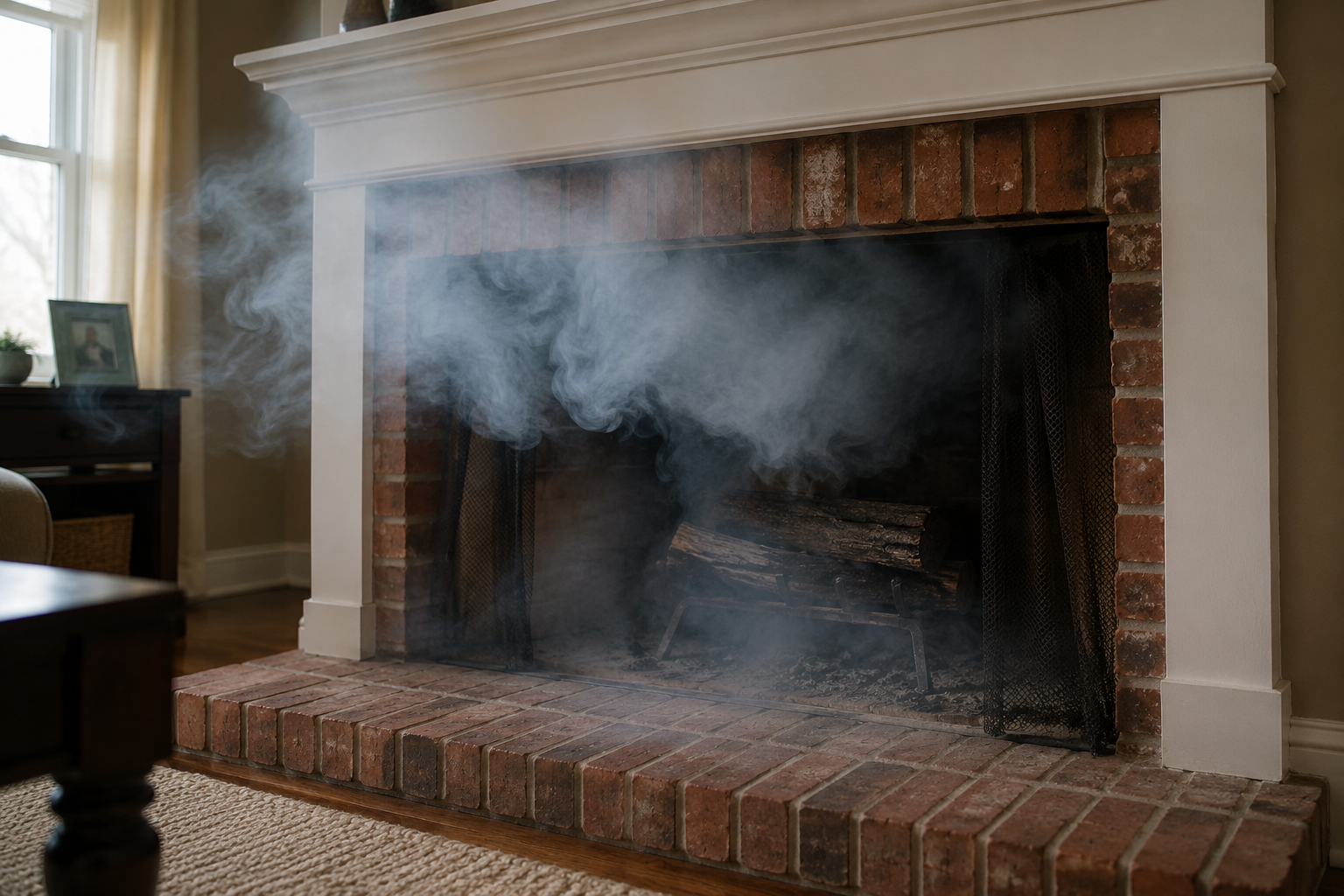 Smoke backing into a living room from a fireplace with draft problems
