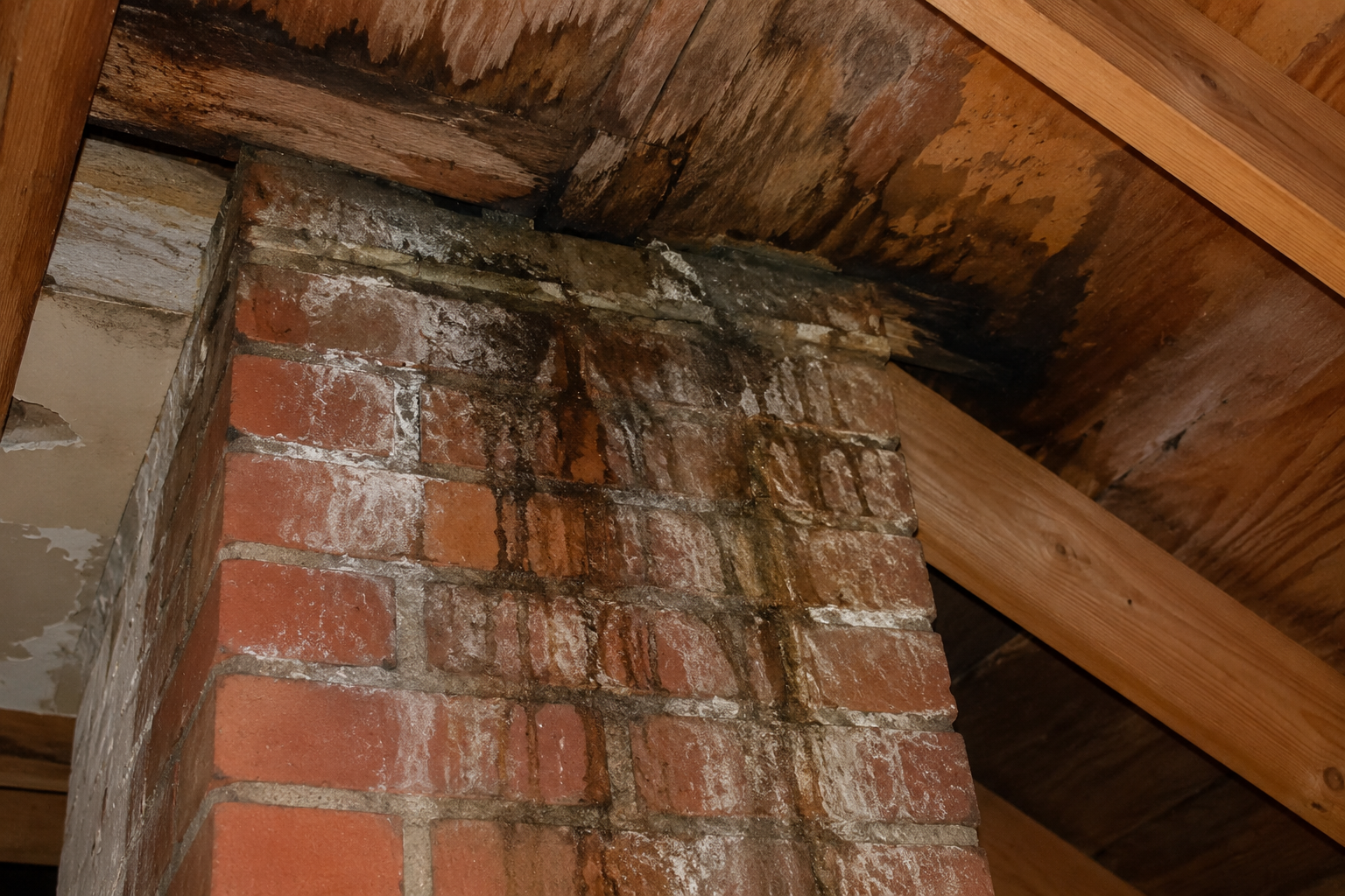 Water damage and staining around a chimney in an attic