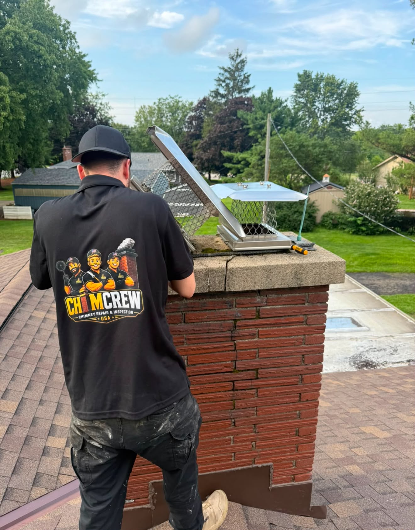 ChimCrew technician setting a stainless cap on a brick chimney crown