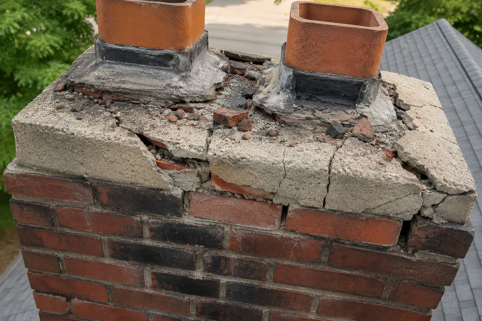 Cracked concrete chimney crown around flue tiles