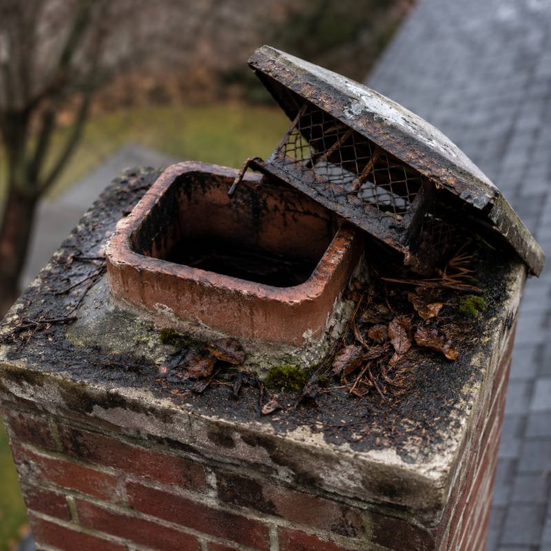 Damaged chimney cap sitting loose on top of a chimney