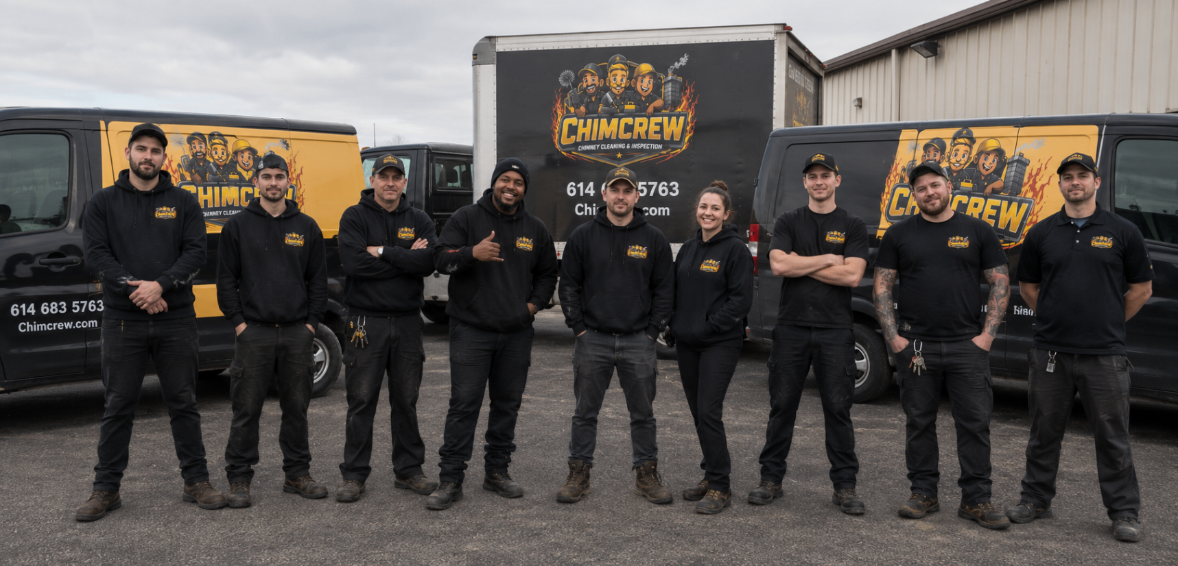 The ChimCrew family crew standing in front of their yellow van