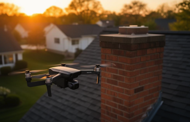 Drone capturing a brick chimney at sunset over an Ohio rooftop