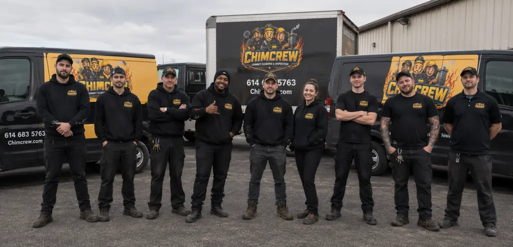 The Chimcrew - Chimney Sweep & Repair team in front of their branded service vehicles in Columbus, Ohio