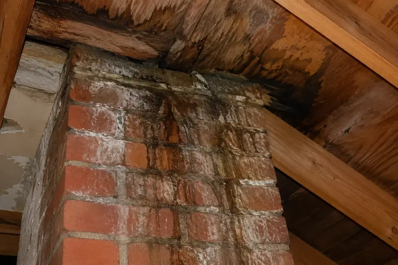 Water damage and staining around a chimney in an attic