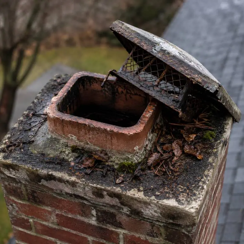 Damaged chimney cap sitting loose on top of a chimney